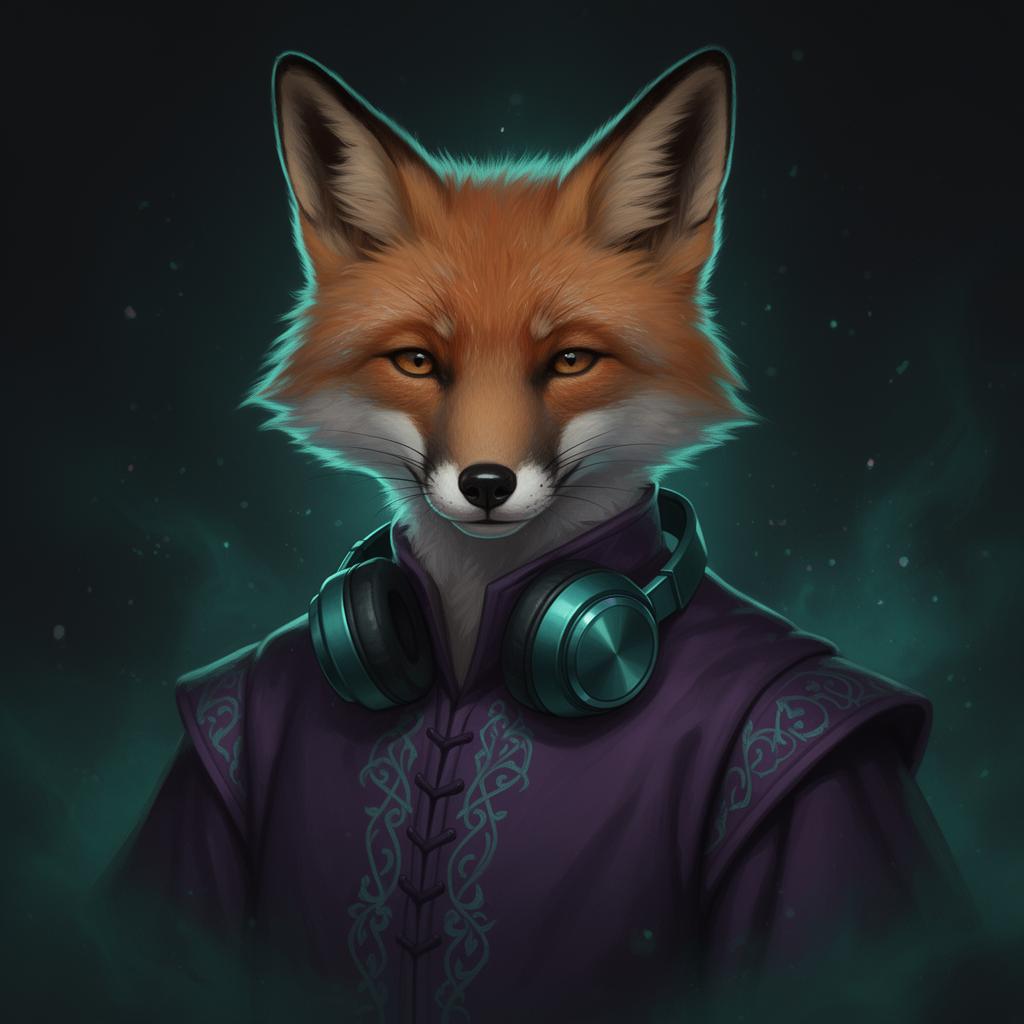 Aris, the Ariviz mascot — a fox in deep violet Renaissance robes and modern teal headphones